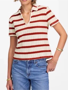 Madewell Crochet Knit Stripe Polo Tee Shirt V-Neck Red Cream Medium M